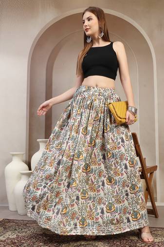 Multicolor floral printed cotton flared maxi skirt for women
