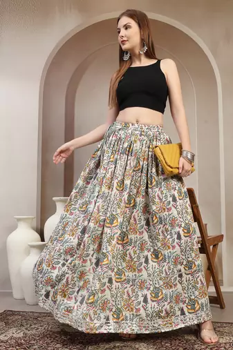 Multicolor floral printed cotton flared maxi skirt for women