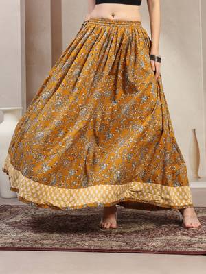 Yellow floral printed cotton flared maxi skirt for women 2