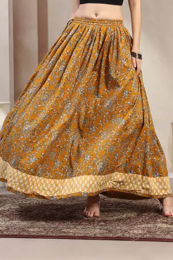 Yellow floral printed cotton flared maxi skirt for women
