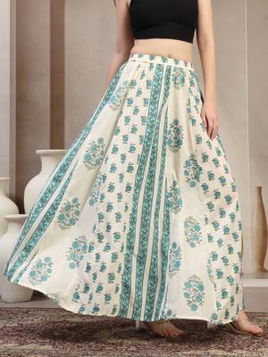 Teal floral printed cotton flared maxi skirt for women 2
