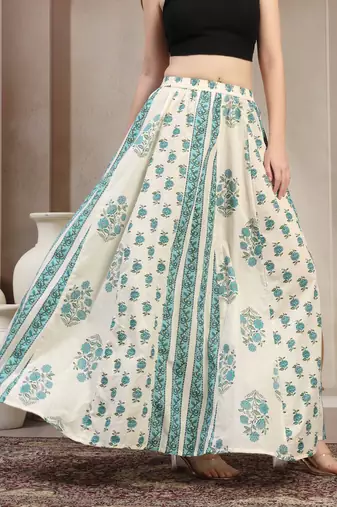 Teal floral printed cotton flared maxi skirt for women