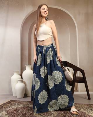 Blue floral printed cotton flared maxi skirt for women 5