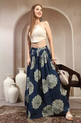 Blue floral printed cotton flared maxi skirt for women