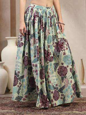 Green floral printed cotton flared maxi skirt for women 5