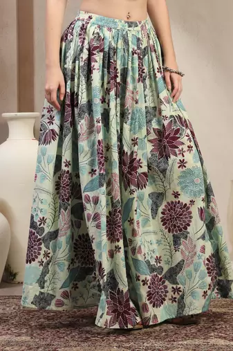 Green floral printed cotton flared maxi skirt for women