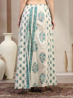 Teal floral printed cotton flared maxi skirt for women 3