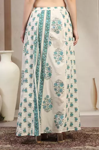 Teal floral printed cotton flared maxi skirt for women