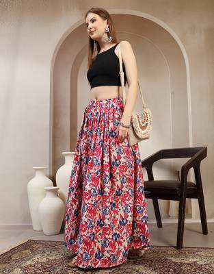 Pink floral printed cotton flared maxi skirt for women 5