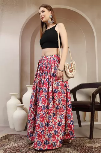 Pink floral printed cotton flared maxi skirt for women