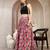 Pink floral printed cotton flared maxi skirt for women