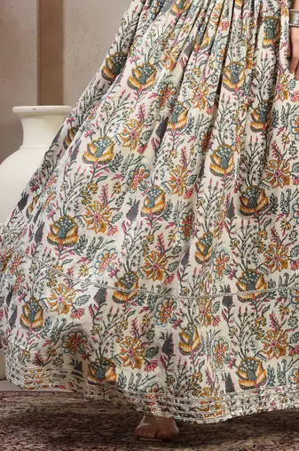 Multicolor floral printed cotton flared maxi skirt for women