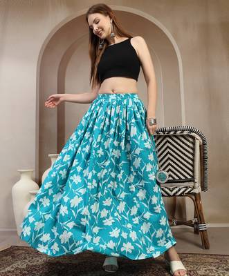 Sky-blue floral printed cotton flared maxi skirt for women 5