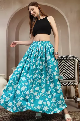 Sky-blue floral printed cotton flared maxi skirt for women
