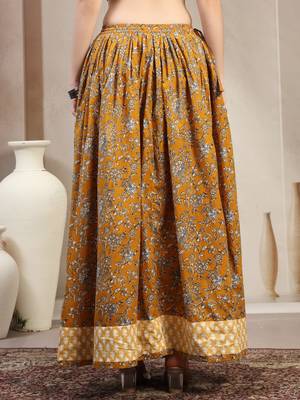 Yellow floral printed cotton flared maxi skirt for women 3
