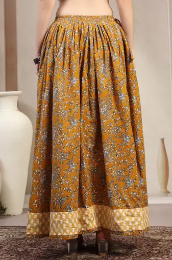 Yellow floral printed cotton flared maxi skirt for women
