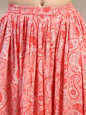 Pink floral printed cotton flared maxi skirt for women 4
