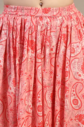 Pink floral printed cotton flared maxi skirt for women