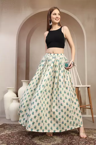 Green floral printed cotton flared maxi skirt for women