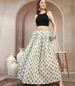 Green floral printed cotton flared maxi skirt for women