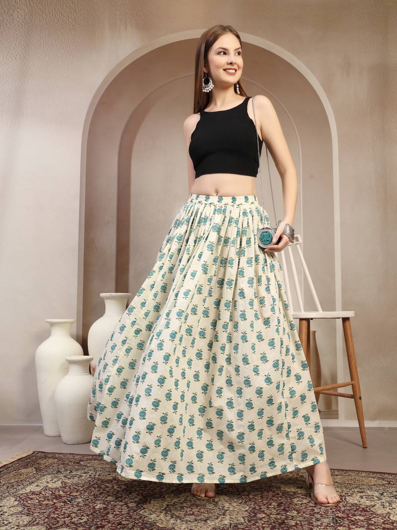 Green floral printed cotton flared maxi skirt for women