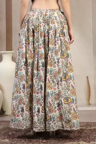Multicolor floral printed cotton flared maxi skirt for women