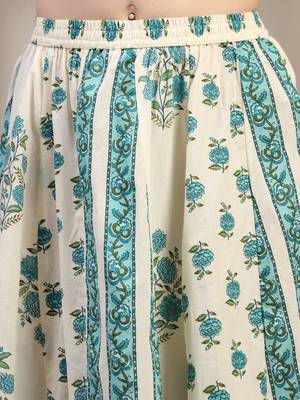 Teal floral printed cotton flared maxi skirt for women 4