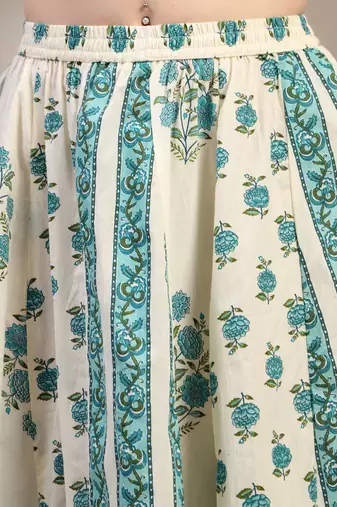 Teal floral printed cotton flared maxi skirt for women