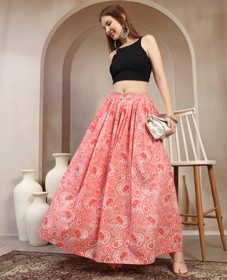 Pink floral printed cotton flared maxi skirt for women 5