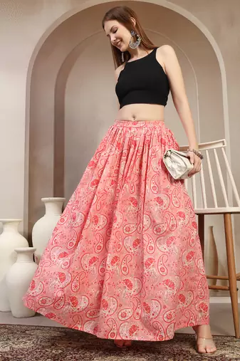 Pink floral printed cotton flared maxi skirt for women