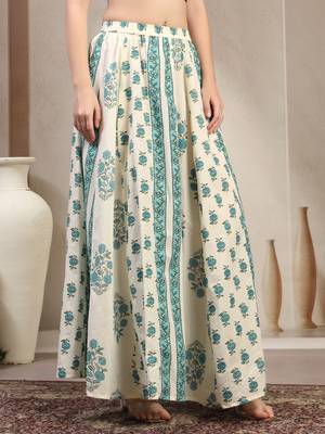 Teal floral printed cotton flared maxi skirt for women 5
