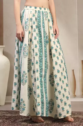 Teal floral printed cotton flared maxi skirt for women