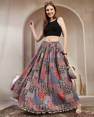 Blue floral printed cotton flared maxi skirt for women 1