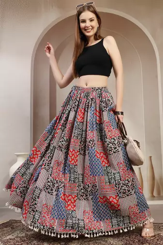 Blue floral printed cotton flared maxi skirt for women