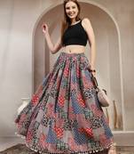 Blue floral printed cotton flared maxi skirt for women