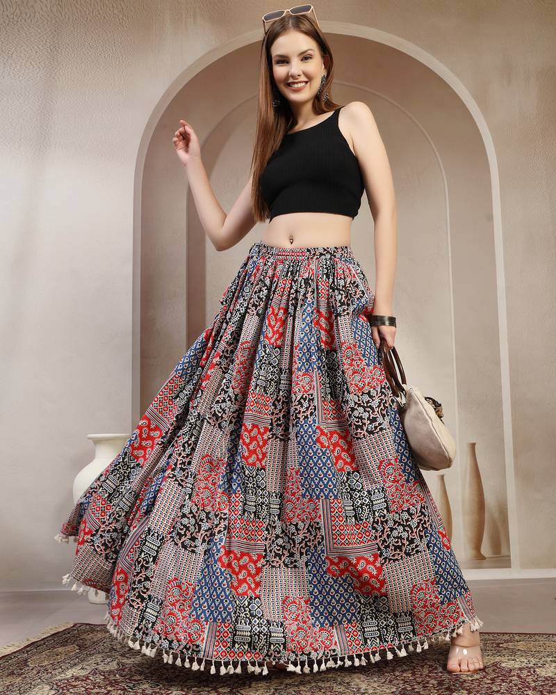 Blue floral printed cotton flared maxi skirt for women