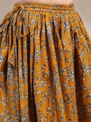Yellow floral printed cotton flared maxi skirt for women 4