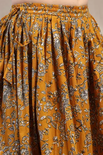 Yellow floral printed cotton flared maxi skirt for women