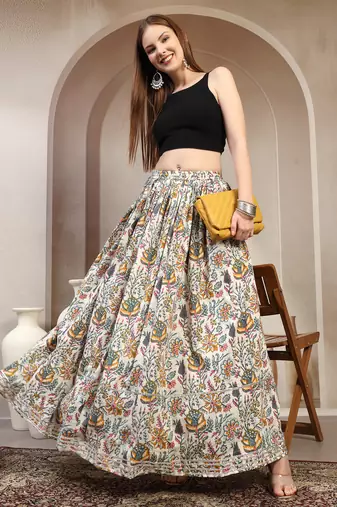 Multicolor floral printed cotton flared maxi skirt for women