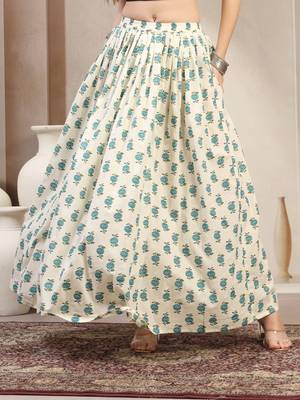 Green floral printed cotton flared maxi skirt for women 2