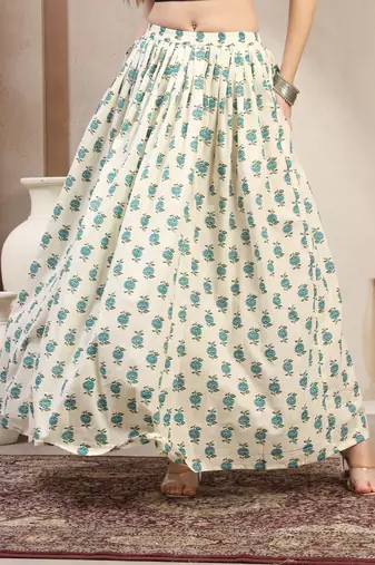 Green floral printed cotton flared maxi skirt for women