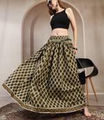 Green floral printed cotton flared maxi skirt for women