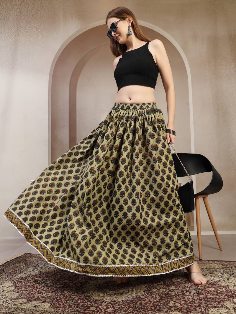 Green floral printed cotton flared maxi skirt for women