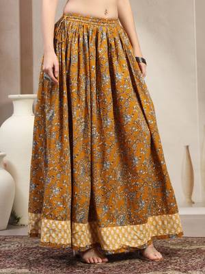 Yellow floral printed cotton flared maxi skirt for women 5