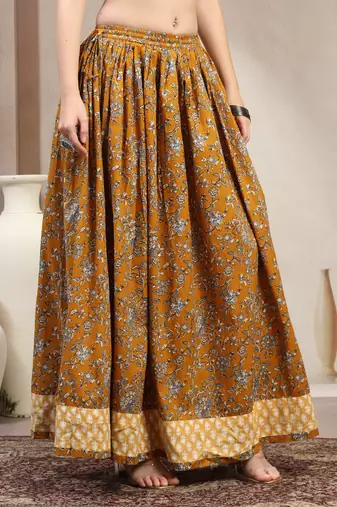 Yellow floral printed cotton flared maxi skirt for women
