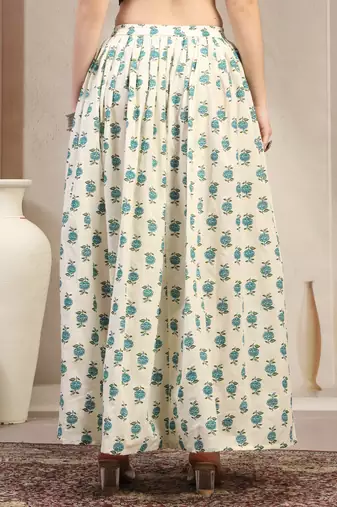 Green floral printed cotton flared maxi skirt for women
