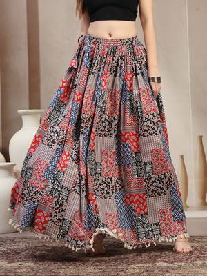 Blue floral printed cotton flared maxi skirt for women 2