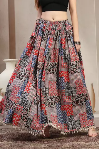 Blue floral printed cotton flared maxi skirt for women