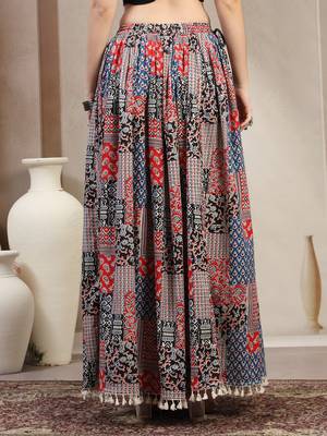 Blue floral printed cotton flared maxi skirt for women 3