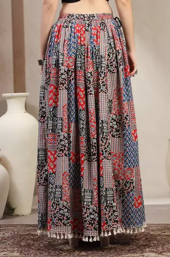 Blue floral printed cotton flared maxi skirt for women
